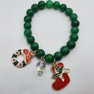 *SOLD*GENUINE NATURAL GREEN JADE GEMSTONE STRETCH CHRISTMAS CHARM BRACELET